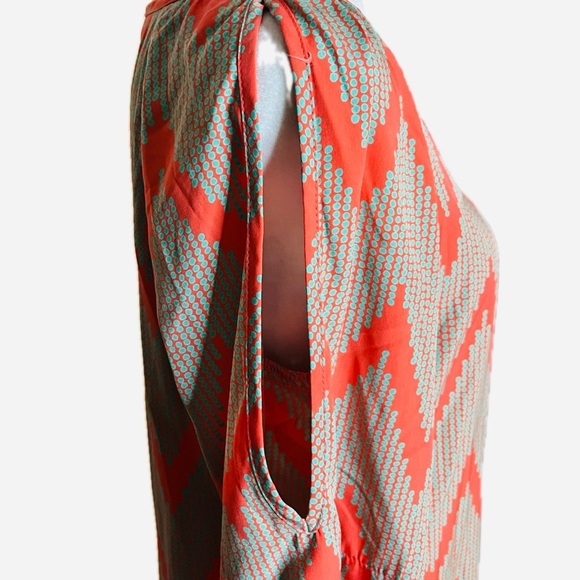 GLAM Orange & Teal Chevron Print Bell Sleeve Tunic Dress Size S - Picture 4 of 8